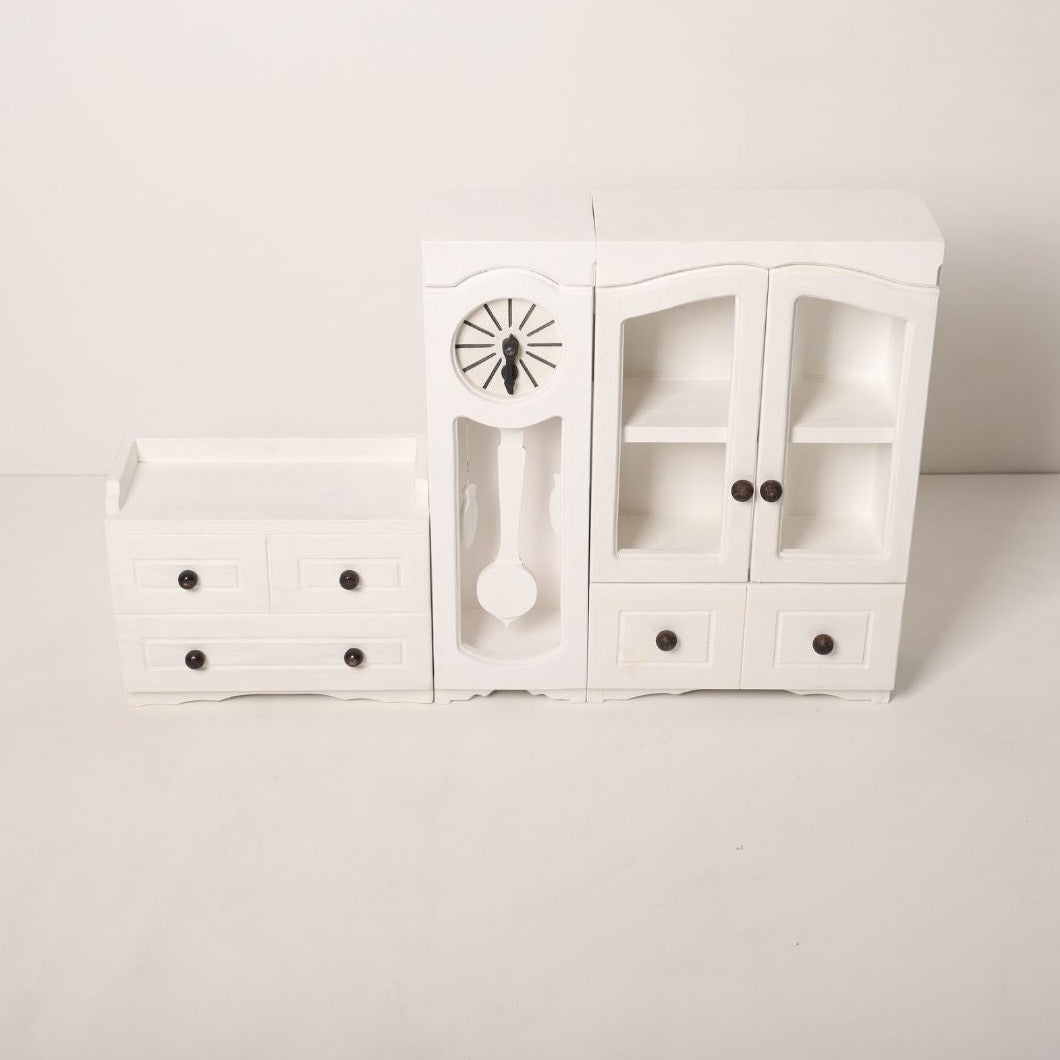 Baby Photoshoot Prop Cabinet Set featuring an almirah, clock tower, and chest of drawers, perfect for themed and milestone baby photoshoots.