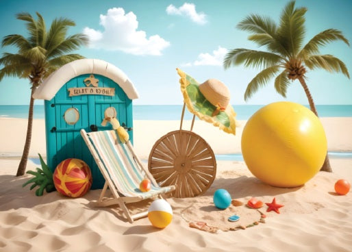 Beach-themed baby photoshoot backdrop with ocean waves, sandy shores, and tropical elements, perfect as a baby photoshoot background for stunning captures.