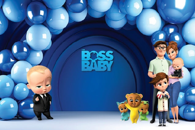 Boss Baby-themed baby photoshoot background featuring a corporate-style setup with a desk, chair, and playful business props for capturing adorable CEO vibes.