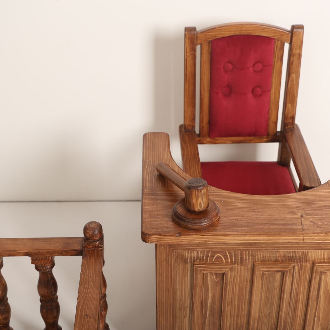 A set of courtroom-themed baby props, including a miniature judge's chair, a judge's table, a witness stand, and a tiny gavel. The props are designed for baby photoshoots, showcasing playful details and realistic features that create an engaging scene for photographers.