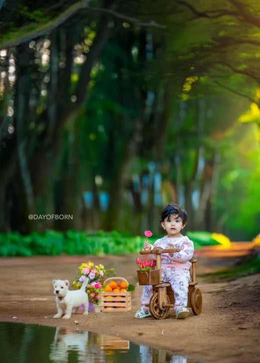 Baby sitting on a vintage cycle baby prop with trolley
