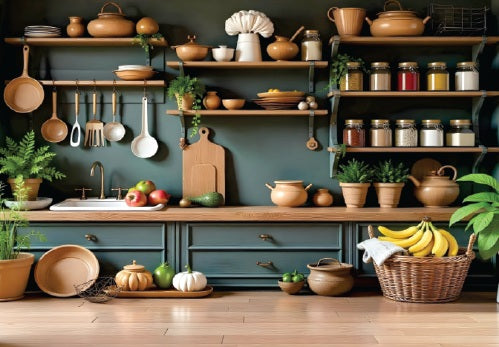 Kitchen-themed baby photoshoot backdrop featuring vibrant cooking props, a cozy kitchen setup, and playful utensils perfect for capturing precious moments.