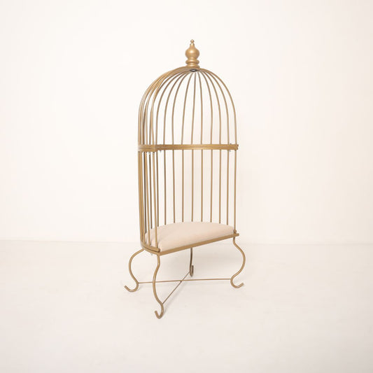 Metal cage prop for toddler baby photoshoot with elegant design, perfect for milestone and themed photography sessions.