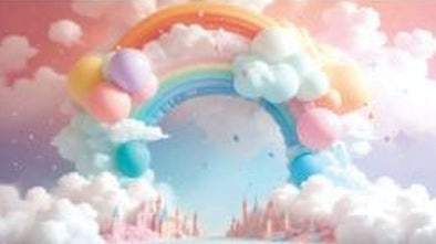 Rainbow-themed baby photoshoot background surrounded by fluffy white clouds, creating a serene and magical setting perfect for capturing adorable baby moments.