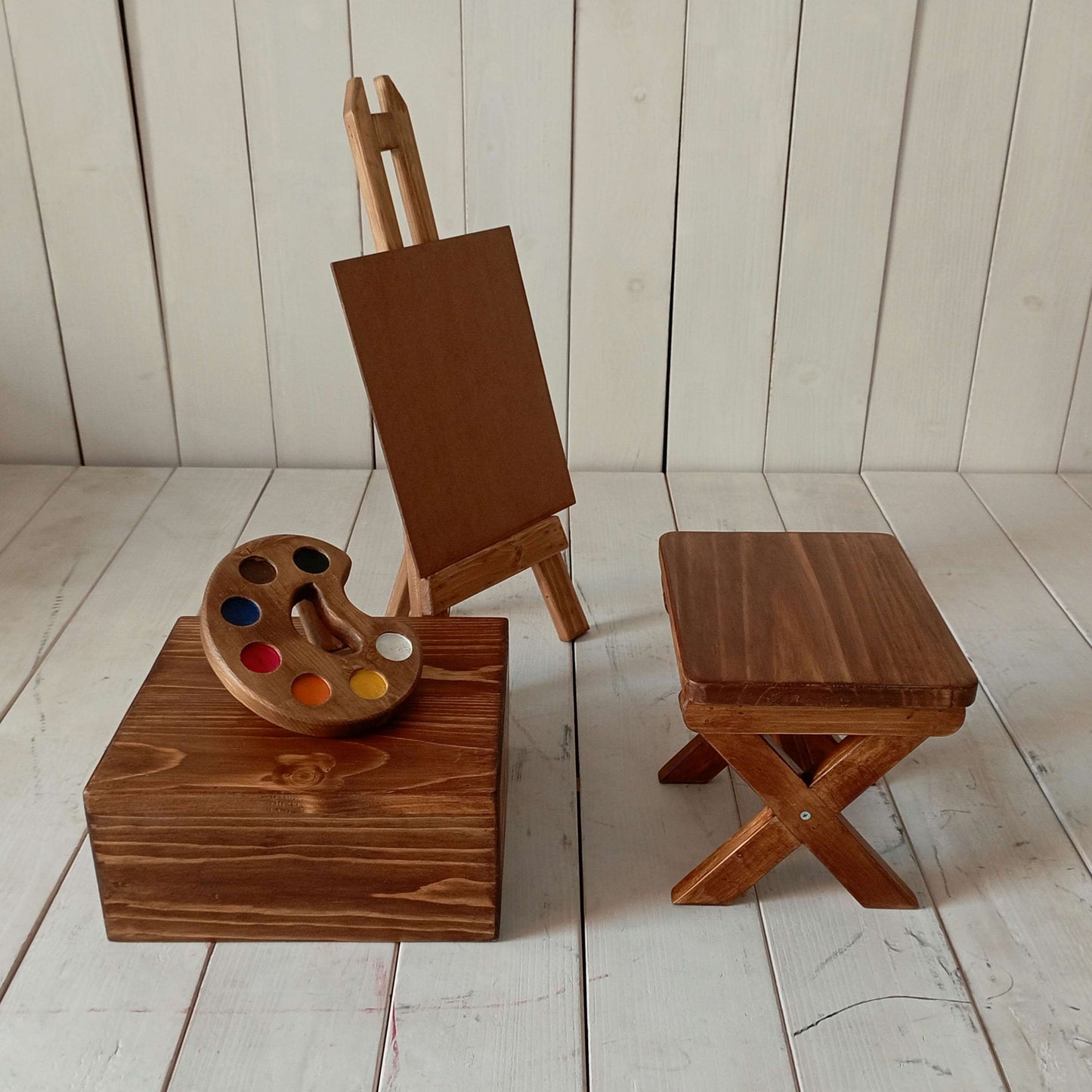 Little Picasso theme baby photoshoot prop set with coloring palette, mini stool, table, and easel stand, perfect for creative art-themed photography.