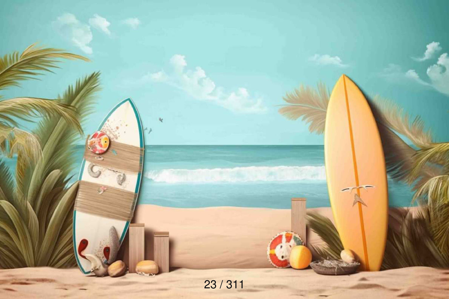 Sea and beach-themed baby photoshoot backdrop featuring soft sand, ocean waves, and seashells, perfect for serene and tropical photography.