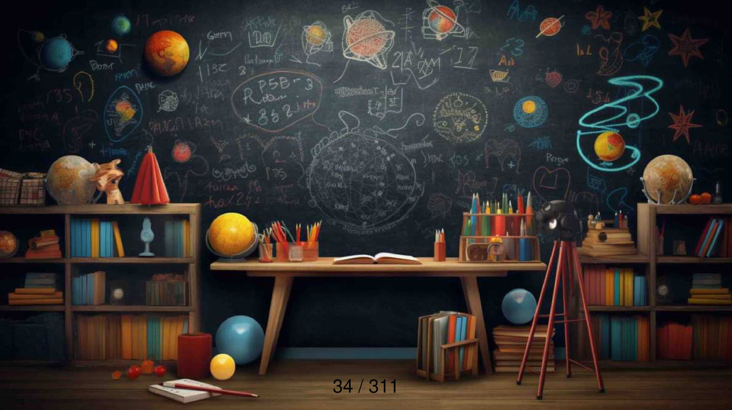 School and library-themed baby photoshoot backdrop featuring bookshelves, chalkboards, and school supplies, perfect for educational and creative photography.
