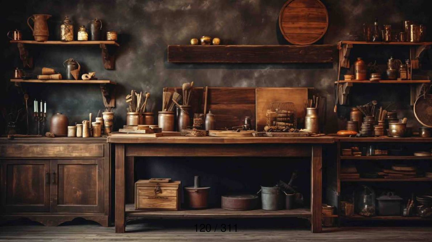 Kitchen-themed baby photoshoot backdrop featuring charming kitchen elements like utensils, pots, and a cozy, homely vibe, perfect for creating warm and playful photography.