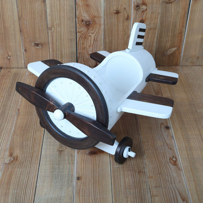 A wooden aeroplane baby photoshoot prop with smooth edges, painted in soft pastel colors, designed to hold a newborn comfortably. The prop features a vintage airplane design with mini wings and a tail, perfect for creating whimsical, aviation-themed baby portraits.