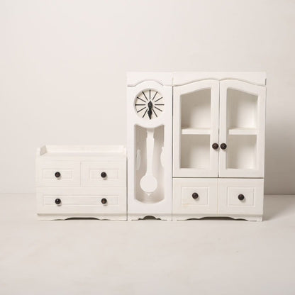 Baby Photoshoot Prop Cabinet Set featuring an almirah, clock tower, and chest of drawers, perfect for themed and milestone baby photoshoots.