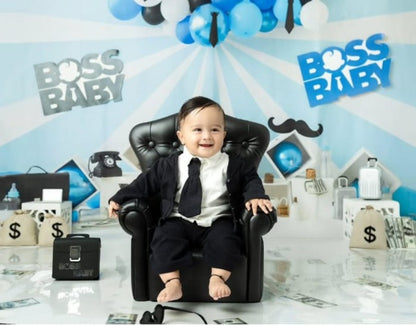 A baby dressed in a sharp suit, sitting confidently in a boss baby chair, surrounded by props like a briefcase, a desk, and a toy phone, embodying the charismatic "Boss Baby" theme with an adorable touch.