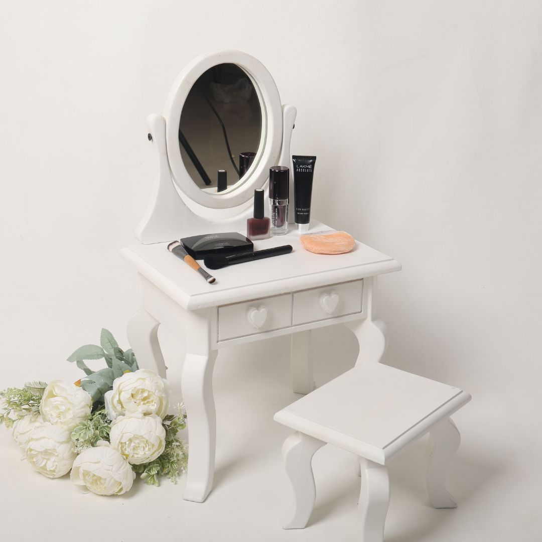 Miniature dressing table baby photoshoot prop with a matching stool, perfect for elegant and princess-themed photography setups.