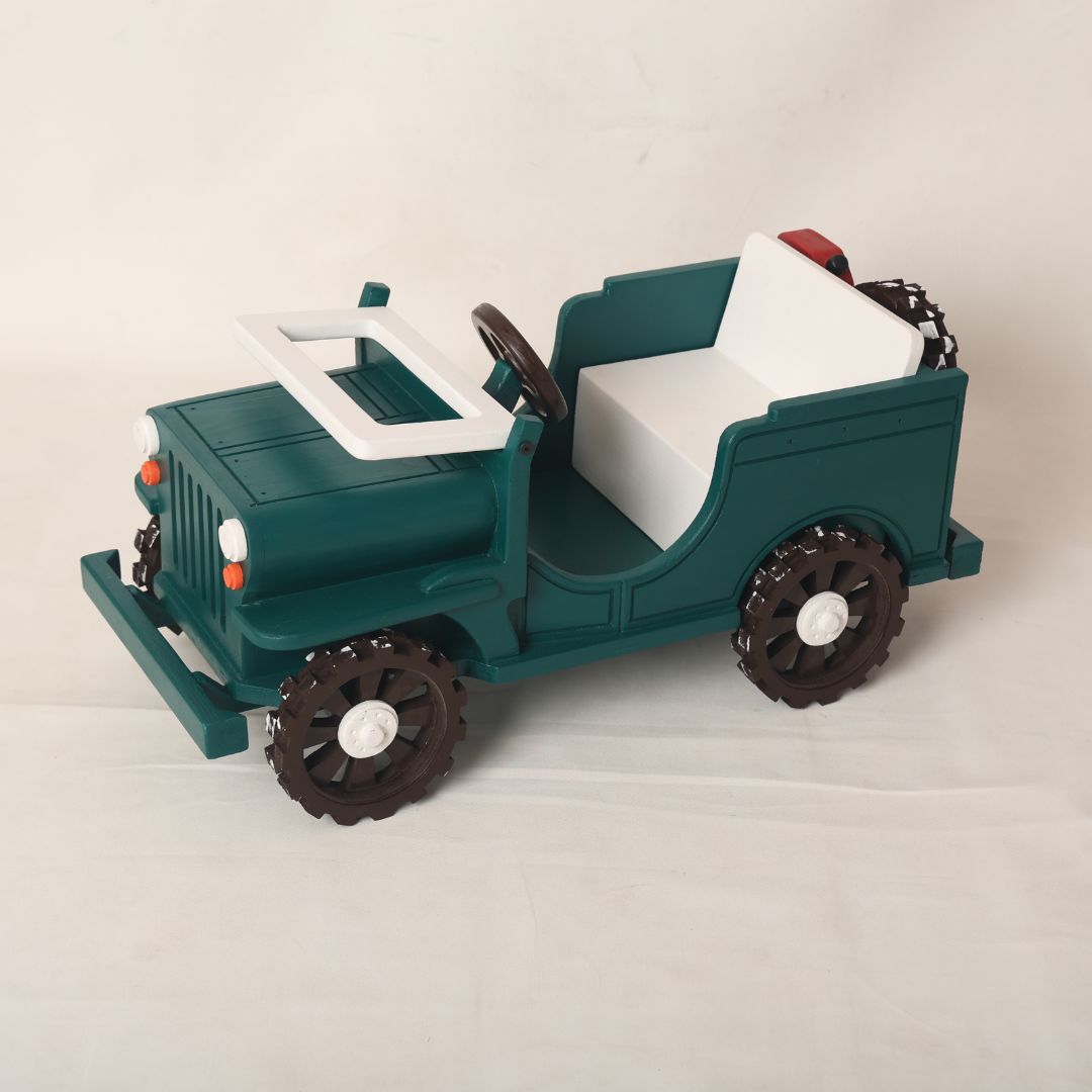 Premium jeep baby prop for jungle safari-themed photoshoots, ideal for newborn and toddler photography with a rugged and adventurous design.