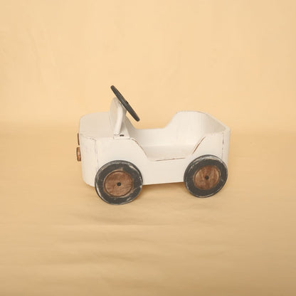 Rustic wooden car baby photoshoot prop, vintage-style wooden car for newborn and toddler photography, handcrafted photography prop for baby photographers.