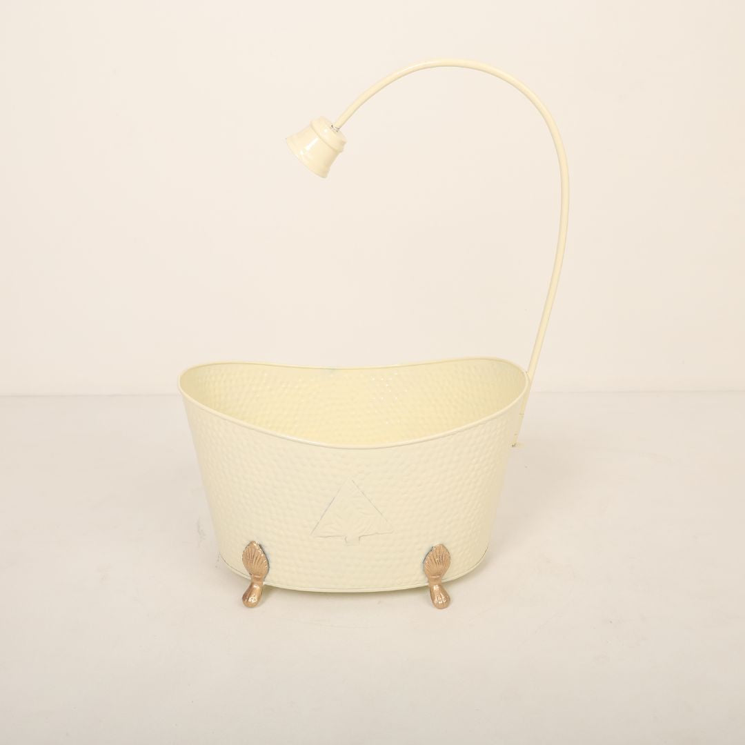 A wooden tub baby prop decorated with soft pastel-colored elements, surrounded by bubble accents and bath accessories, creating a charming shower theme setup for baby photoshoots.