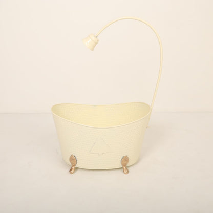 A wooden tub baby prop decorated with soft pastel-colored elements, surrounded by bubble accents and bath accessories, creating a charming shower theme setup for baby photoshoots.