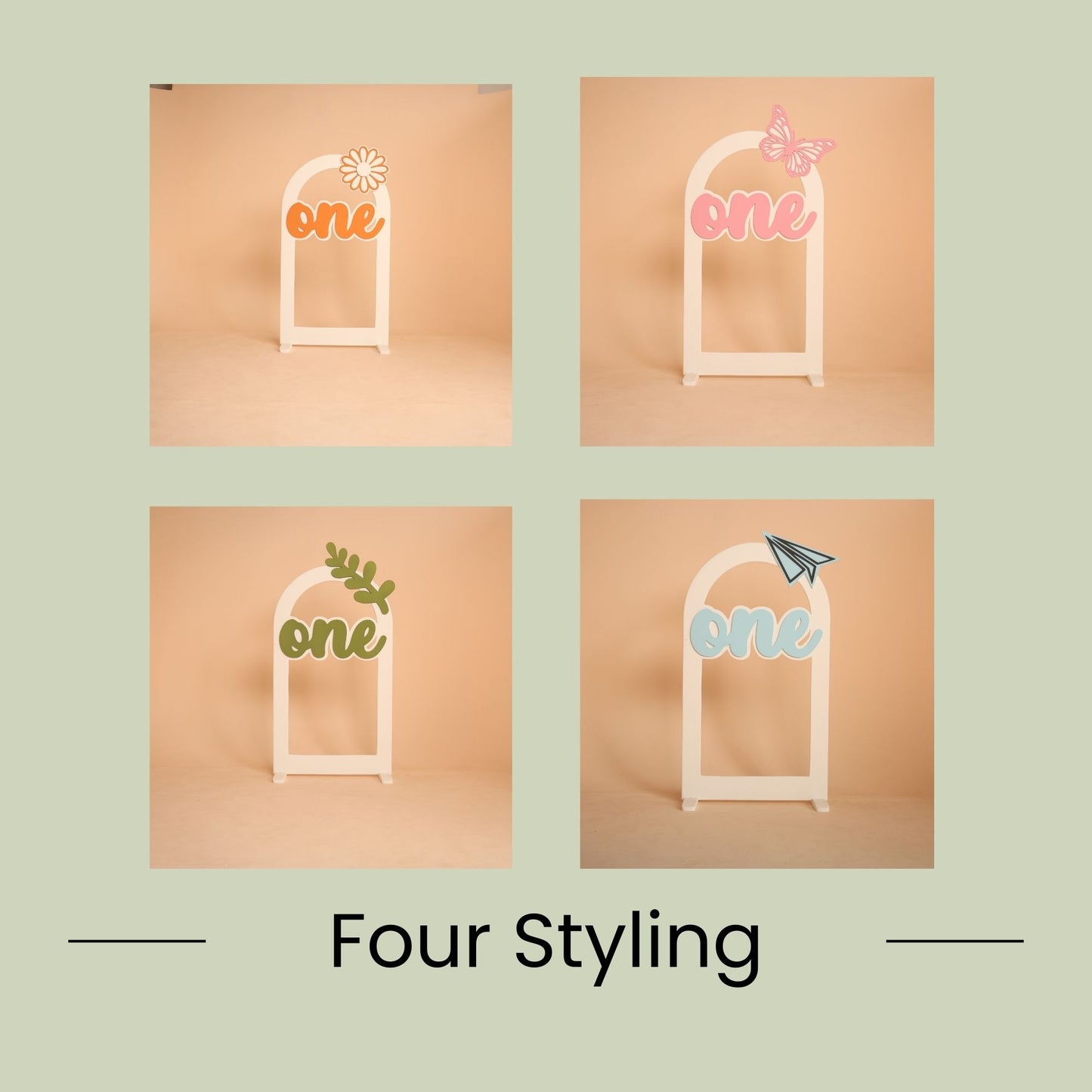 Combo set of four arch baby photoshoot props with one milestone including butterfly, leaf, daisy flower and paper plane themes for first birthday photography