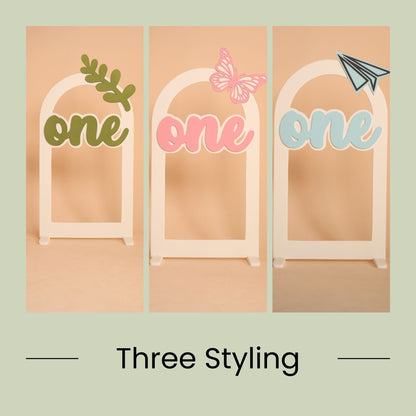 Combo set of four arch baby photoshoot props with one milestone including butterfly, leaf, daisy flower and paper plane themes for first birthday photography