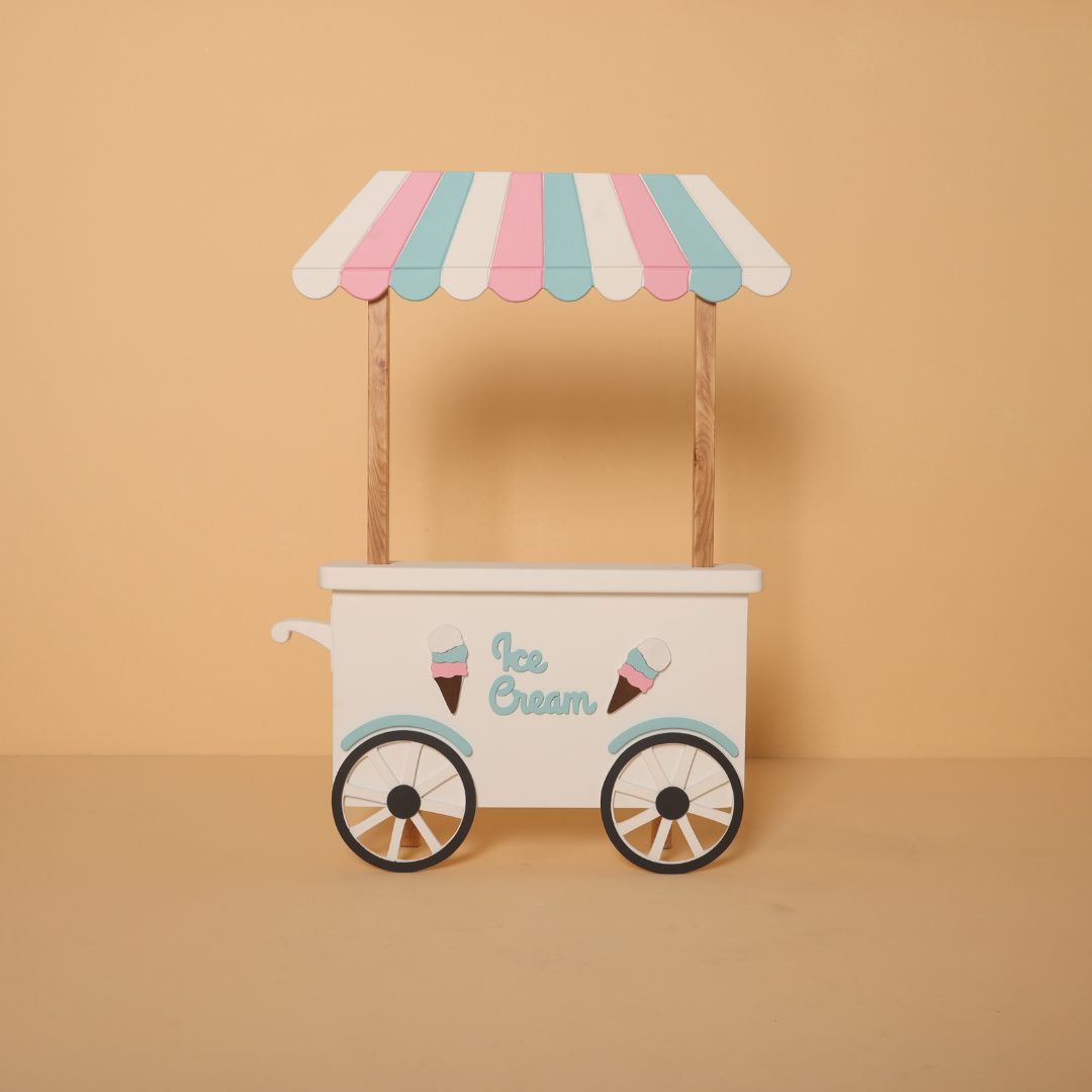 Ice cream cart baby photoshoot prop – colorful wooden cart for themed photography sessions