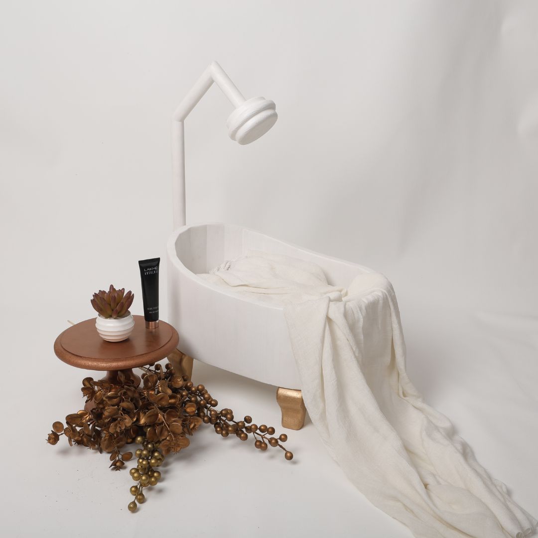 Wooden tub baby photoshoot prop styled for shower-themed or rustic photography setups, perfect for newborn and toddler photoshoots.