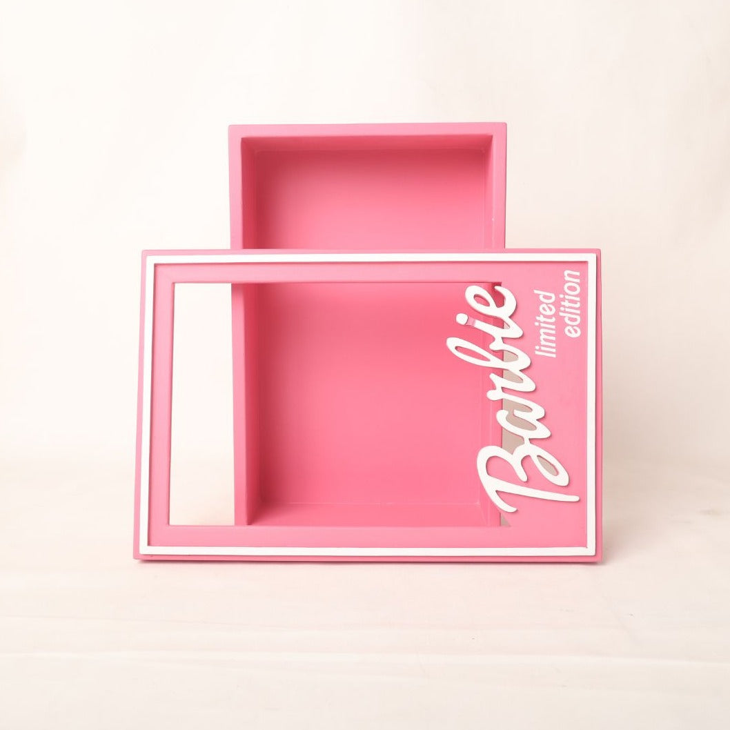 Stylish Barbie box baby photoshoot prop, designed for newborns and toddlers, perfect for a playful and glamorous theme.