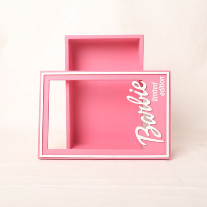 Stylish Barbie box baby photoshoot prop, designed for newborns and toddlers, perfect for a playful and glamorous theme.