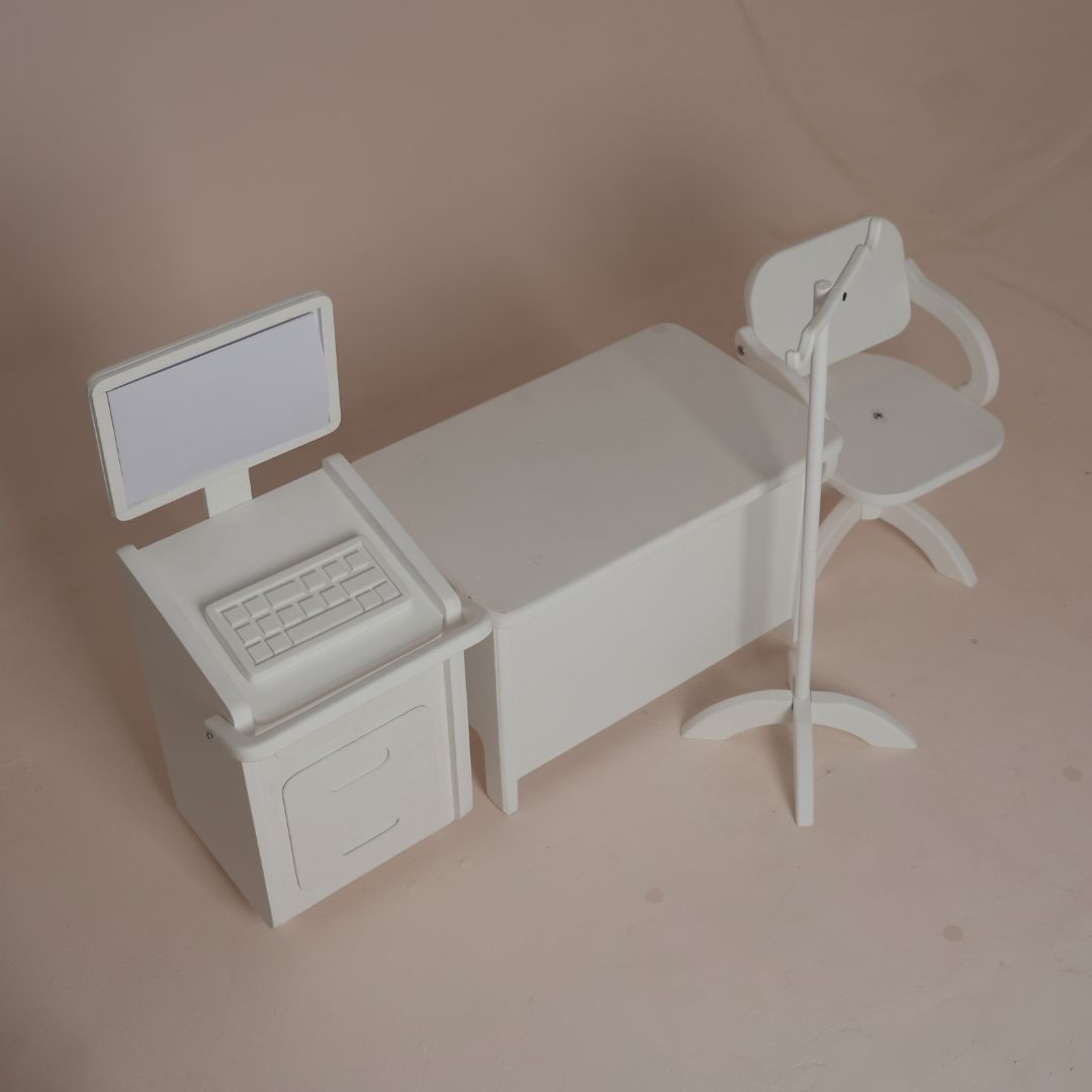 Doctor clinic theme baby photoshoot props set with doctor chair, table, ultrasound machine and IV hanger