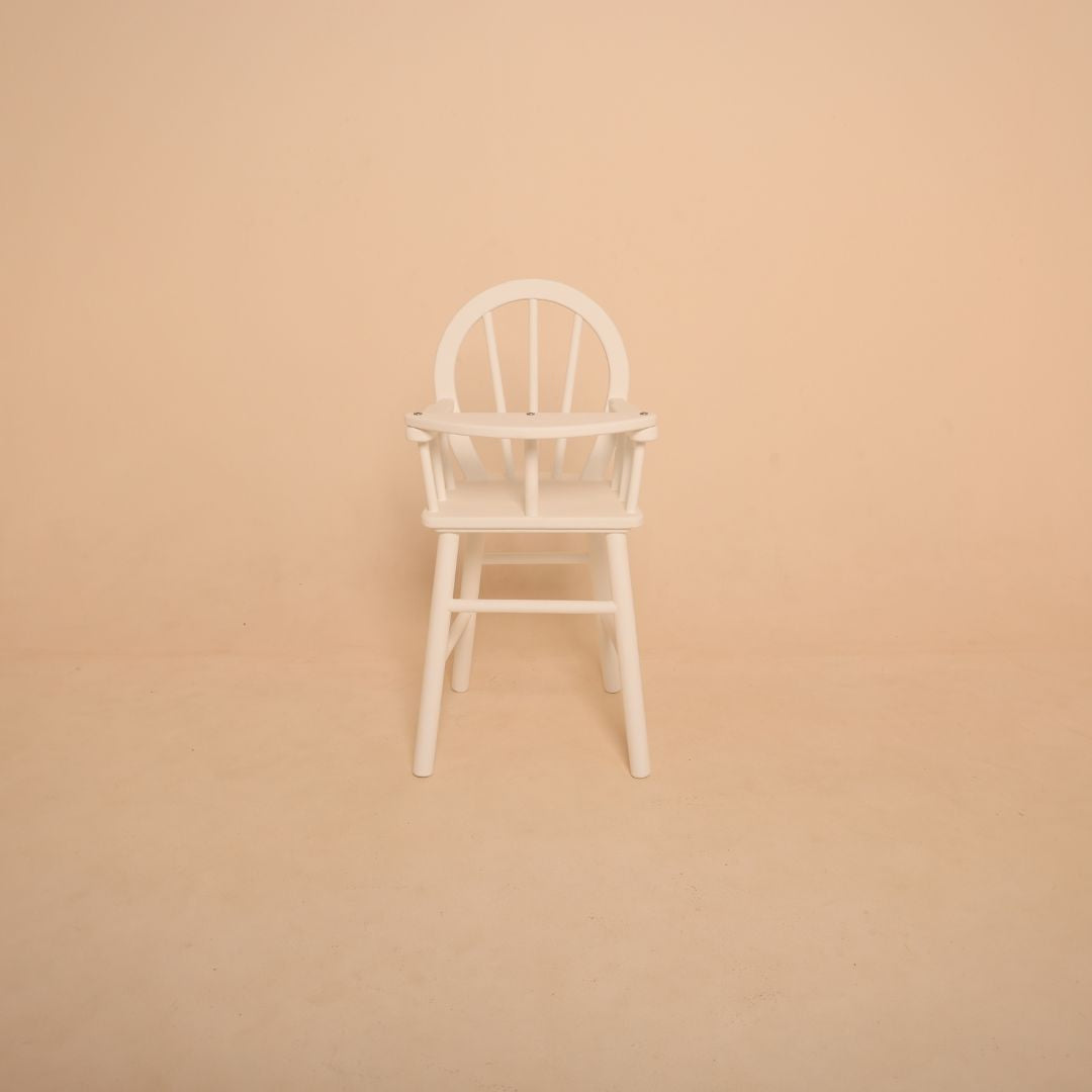 Premium wooden high chair baby photoshoot prop styled in a studio setup, designed for newborn and sitter milestone portraits, cake smash sessions and baby photography.