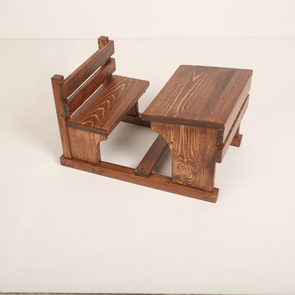 Wooden school desk baby prop, perfect for vintage classroom-themed photoshoots, featuring a rustic design and natural wood finish.