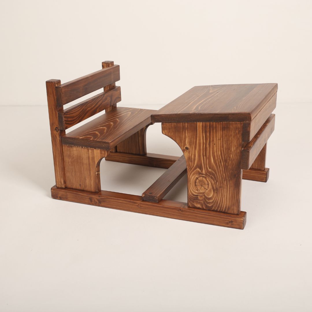 Wooden school desk baby prop, perfect for vintage classroom-themed photoshoots, featuring a rustic design and natural wood finish.