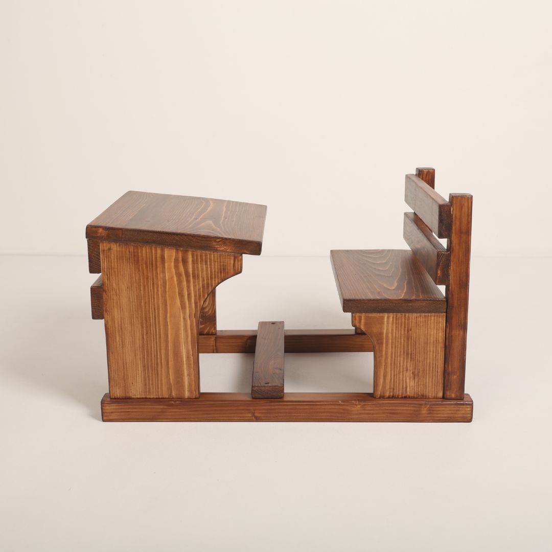 Wooden school desk baby prop, perfect for vintage classroom-themed photoshoots, featuring a rustic design and natural wood finish.