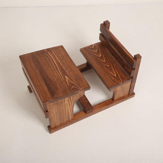 Wooden school desk baby prop, perfect for vintage classroom-themed photoshoots, featuring a rustic design and natural wood finish.