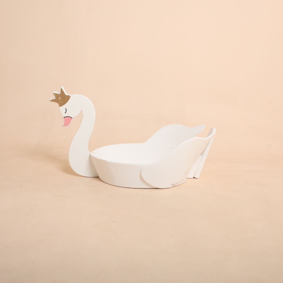 Newborn baby posing in a swan baby prop for a dreamy newborn photoshoot setup, perfect for professional photographers.
