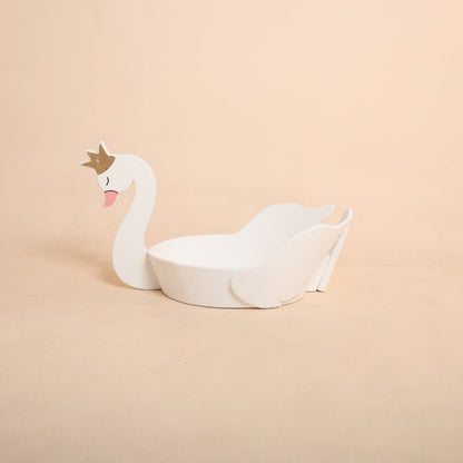 Newborn baby posing in a swan baby prop for a dreamy newborn photoshoot setup, perfect for professional photographers.