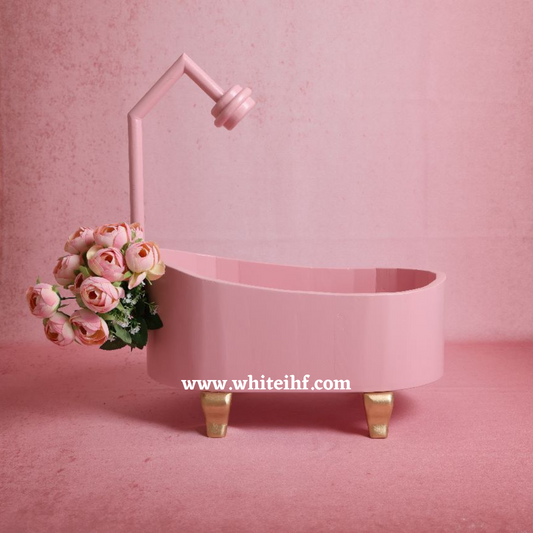Wooden tub baby photoshoot prop styled for shower-themed or rustic photography setups, perfect for newborn and toddler photoshoots.