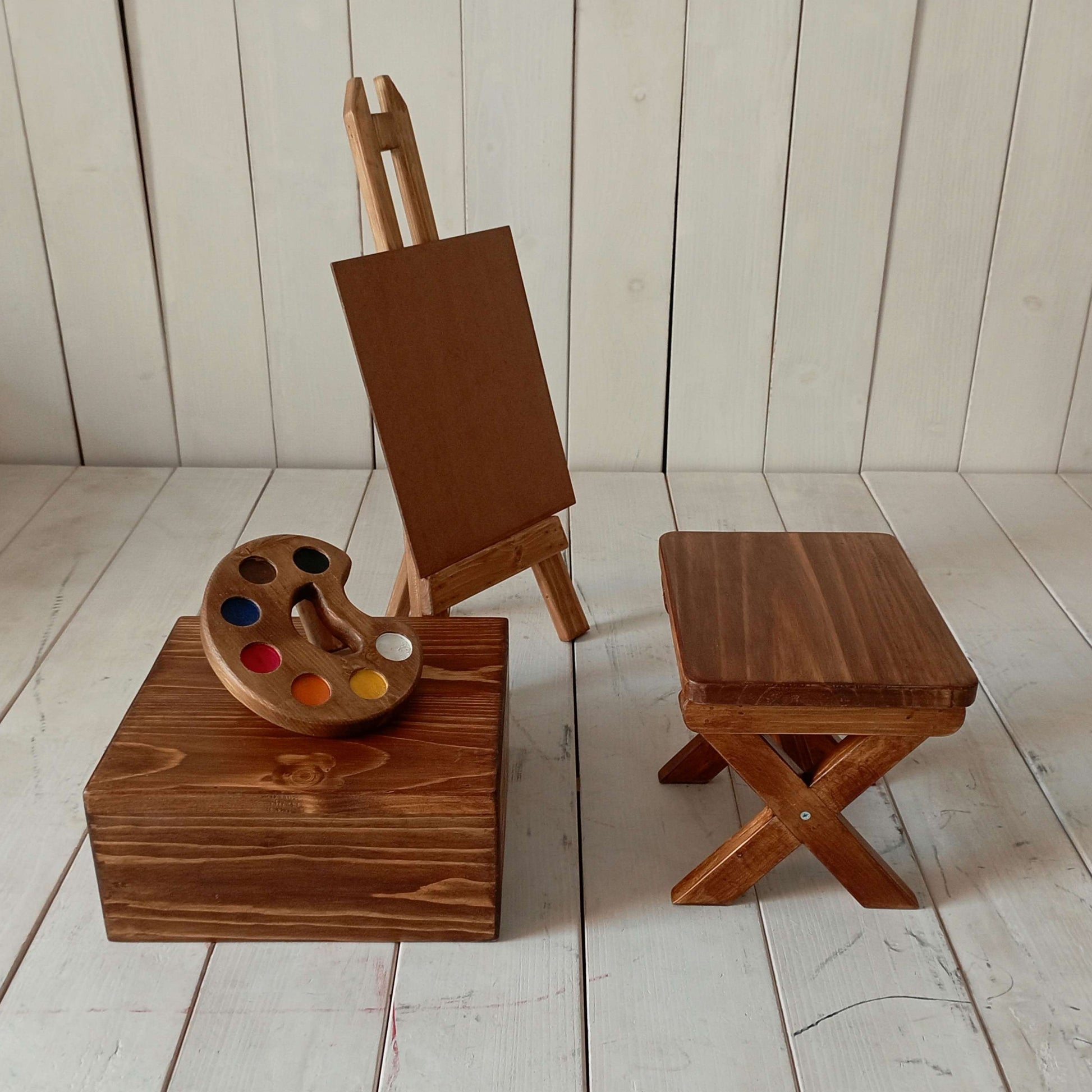 Little Picasso theme baby photoshoot prop set with coloring palette, mini stool, table, and easel stand, perfect for creative art-themed photography.