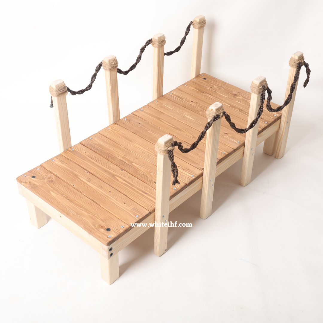 Wooden riverside deck prop for baby photoshoots, styled for a fishing theme with rustic charm, ideal for creating adorable photography setups.