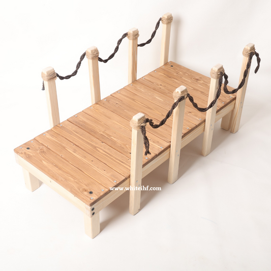 Wooden riverside deck prop for baby photoshoots, styled for a fishing theme with rustic charm, ideal for creating adorable photography setups.